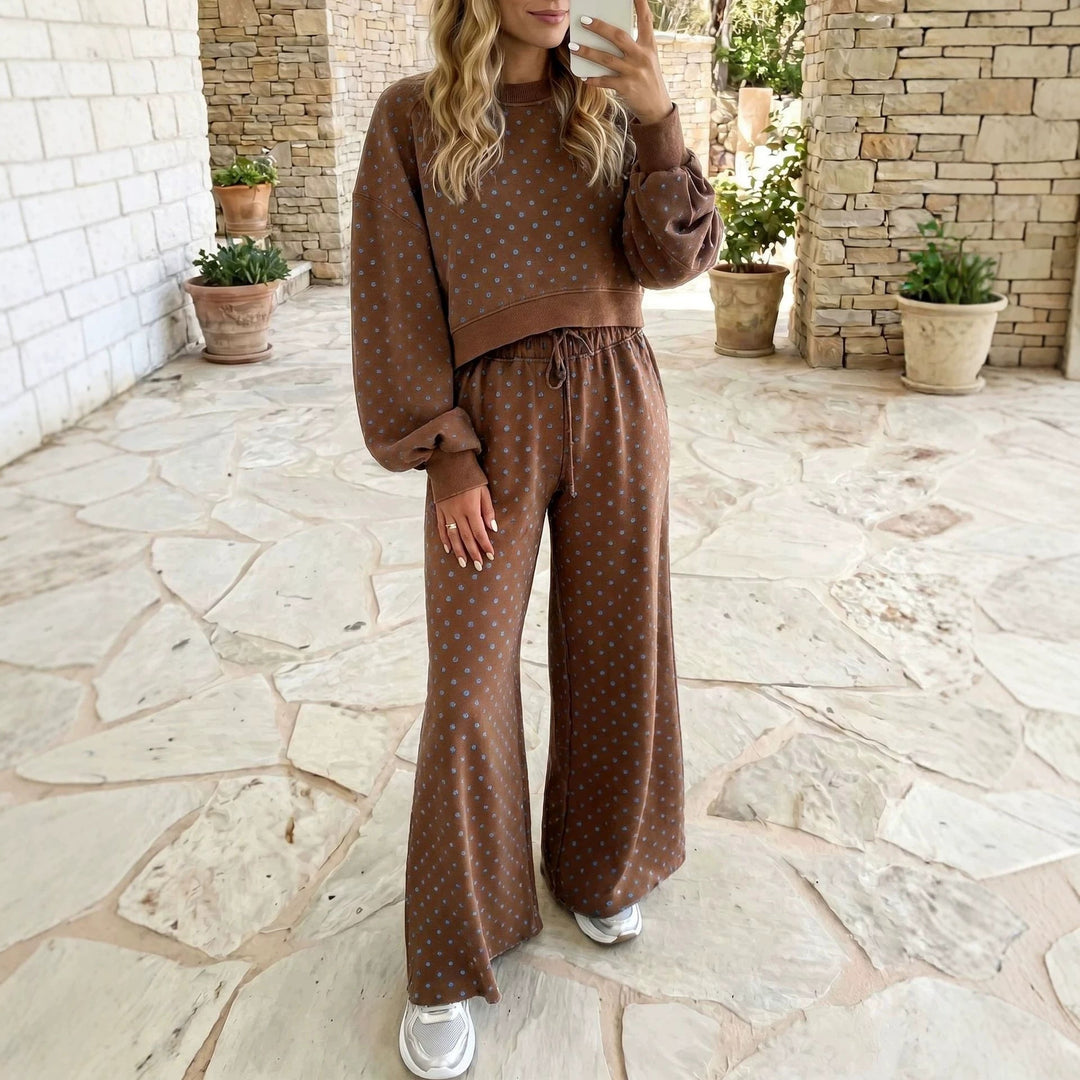 Sorvienne Relaxed Textured Wide Leg Knit Co-ord Set in Brown