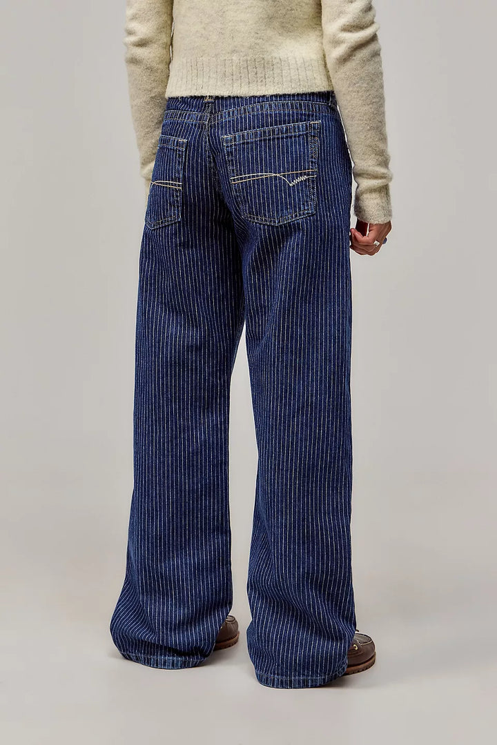 Sorvienne Relaxed Low Rise Pinstripe Jeans in Dark Blue