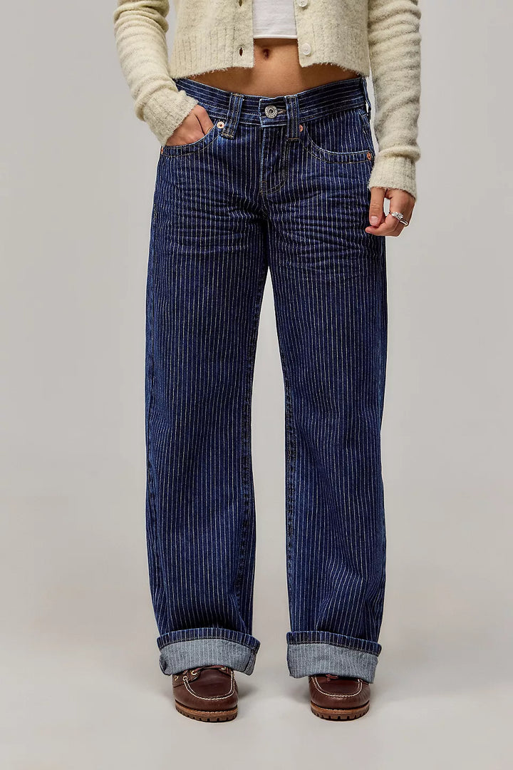 Sorvienne Relaxed Low Rise Pinstripe Jeans in Dark Blue