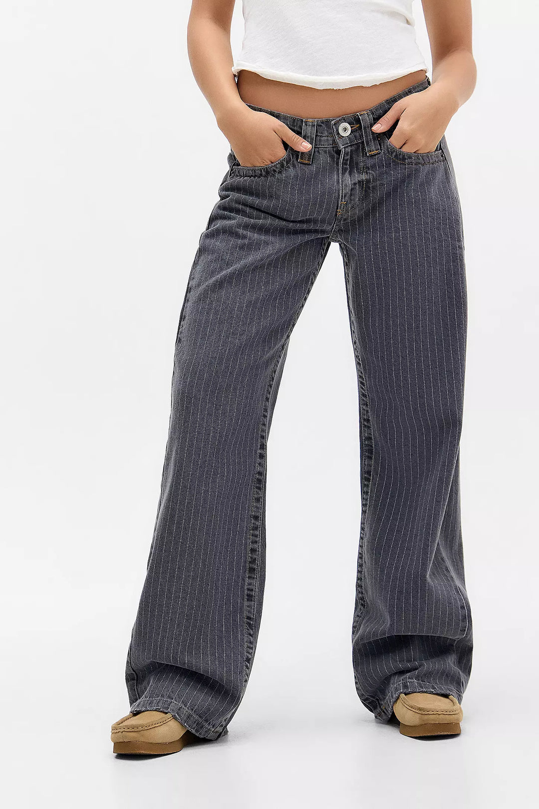 Sorvienne Relaxed Low Rise Pinstripe Jeans in Grey
