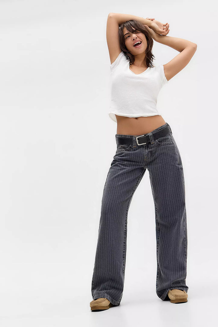 Sorvienne Relaxed Low Rise Pinstripe Jeans in Grey