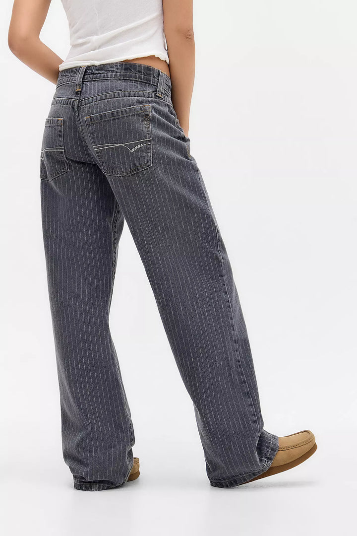 Sorvienne Relaxed Low Rise Pinstripe Jeans in Grey