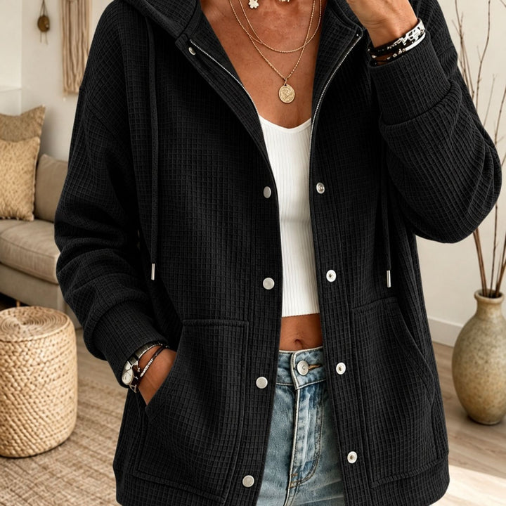 Sorvienne Relaxed Waffle Knit Hooded Cardigan in Black