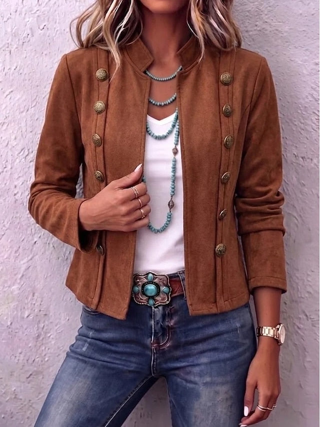 Sorvienne Tailored Faux Suede Military Jacket in Tan