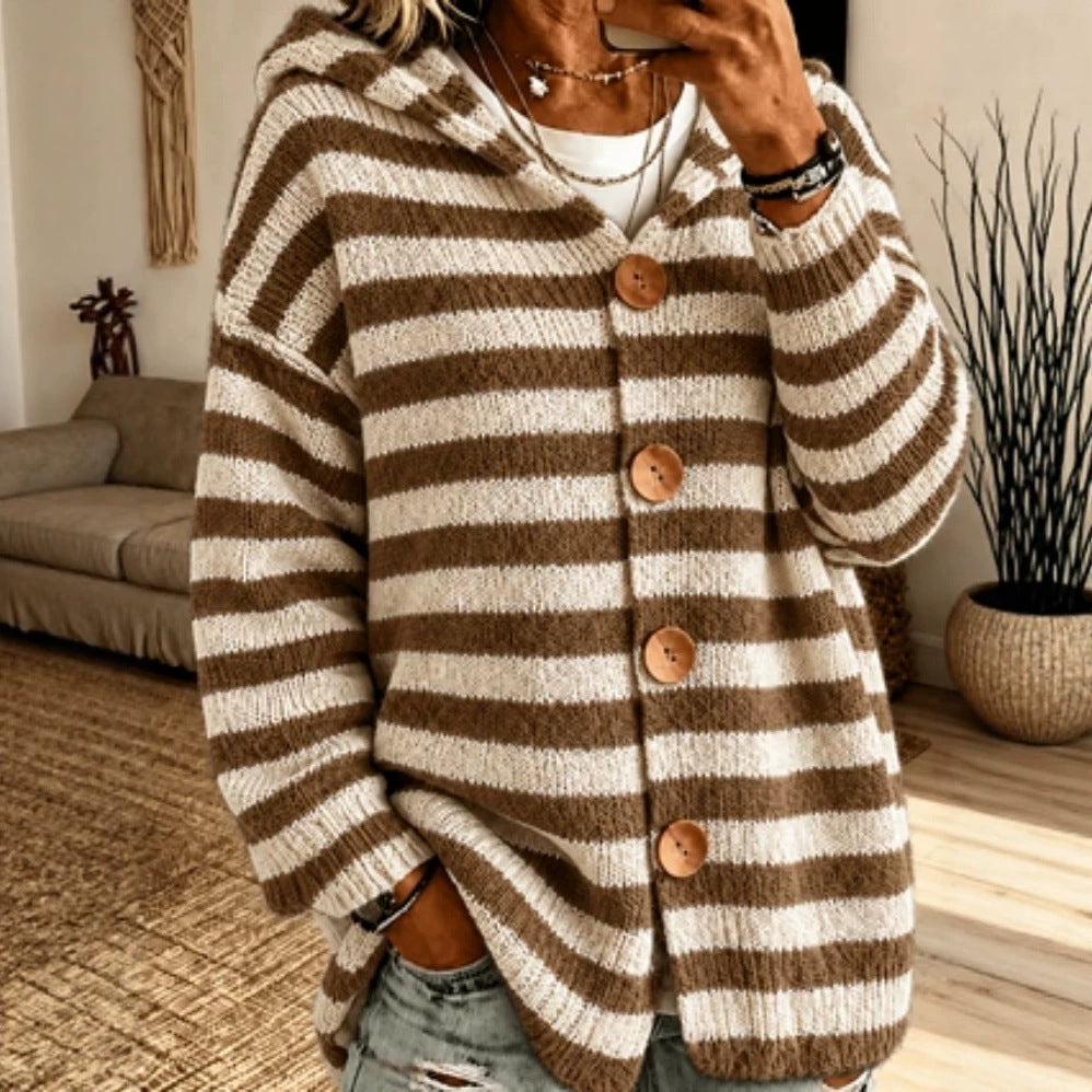Sorvienne Relaxed Striped Button Front Hooded Cardigan in Brown Stripe