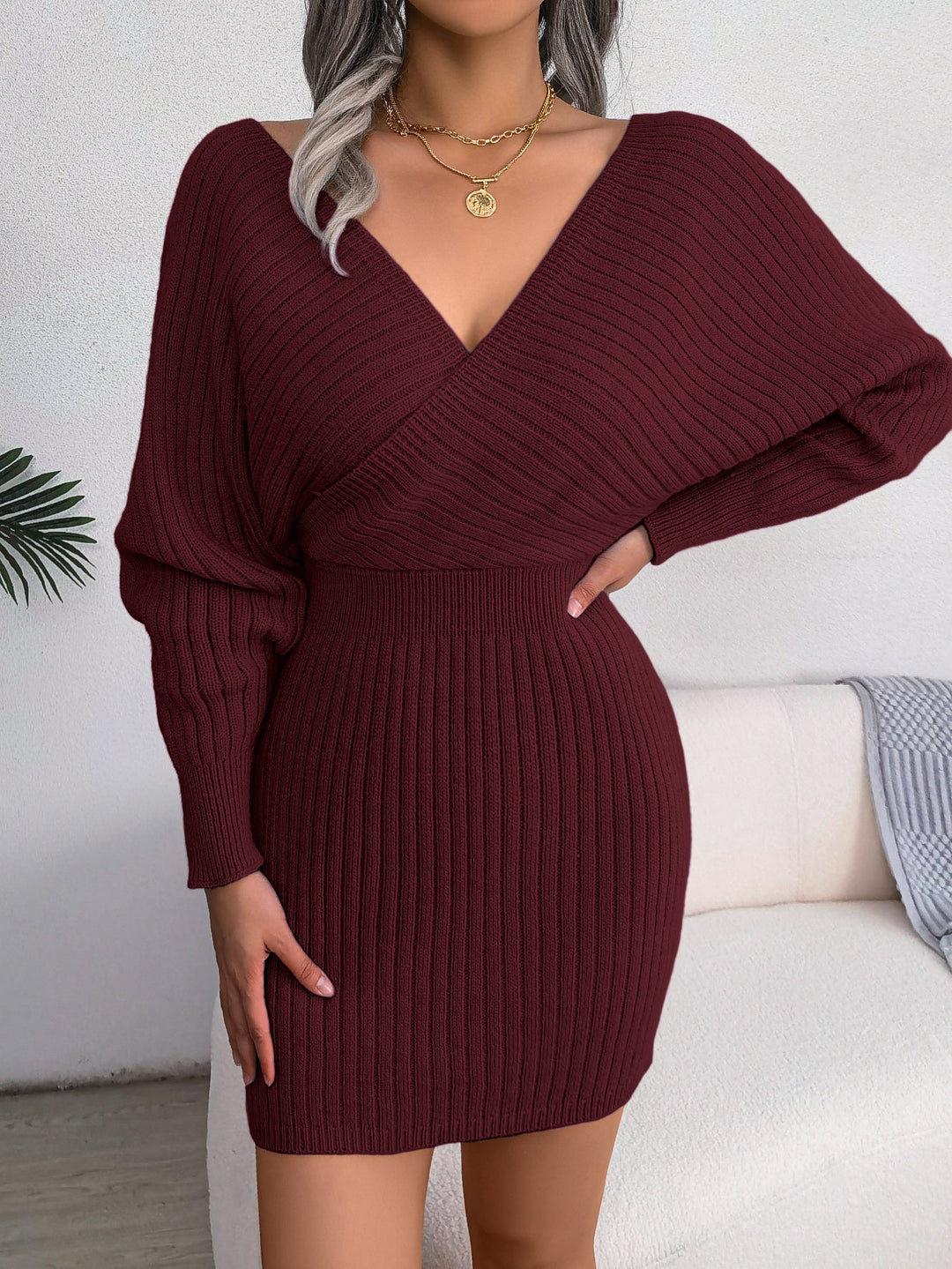 Sorvienne Slim Wrap V Neck Knitted Mini Dress in Burgundy