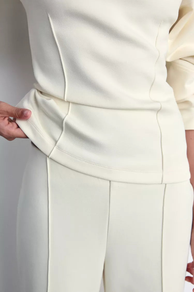 Sorvienne Relaxed Balloon Sleeve Wide Leg Lounge Set in Cream