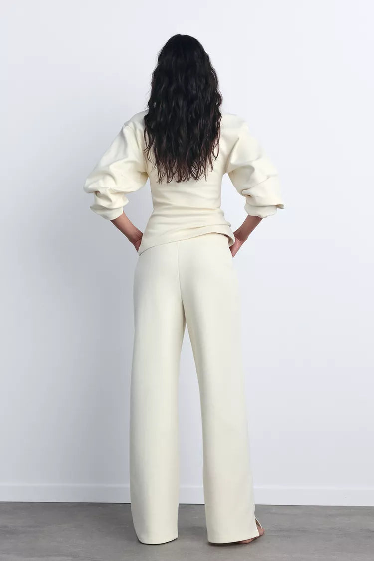 Sorvienne Relaxed Balloon Sleeve Wide Leg Lounge Set in Cream