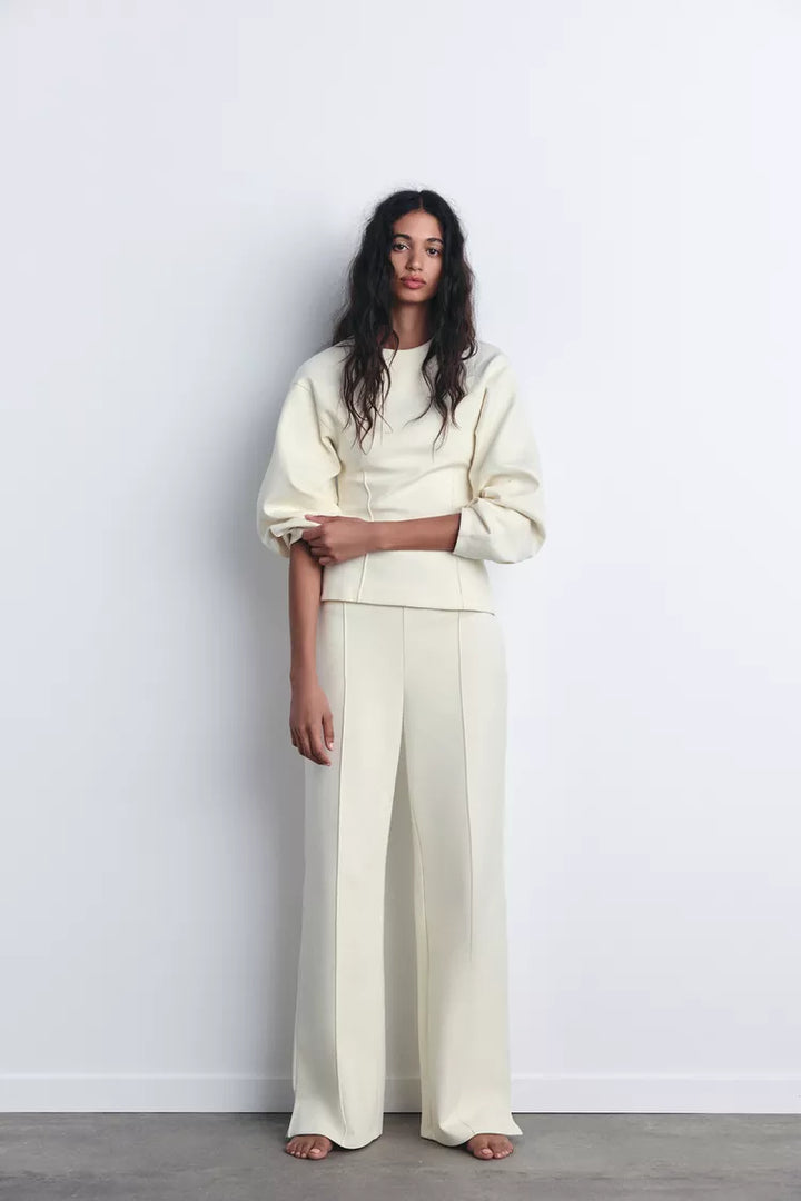 Sorvienne Relaxed Balloon Sleeve Wide Leg Lounge Set in Cream