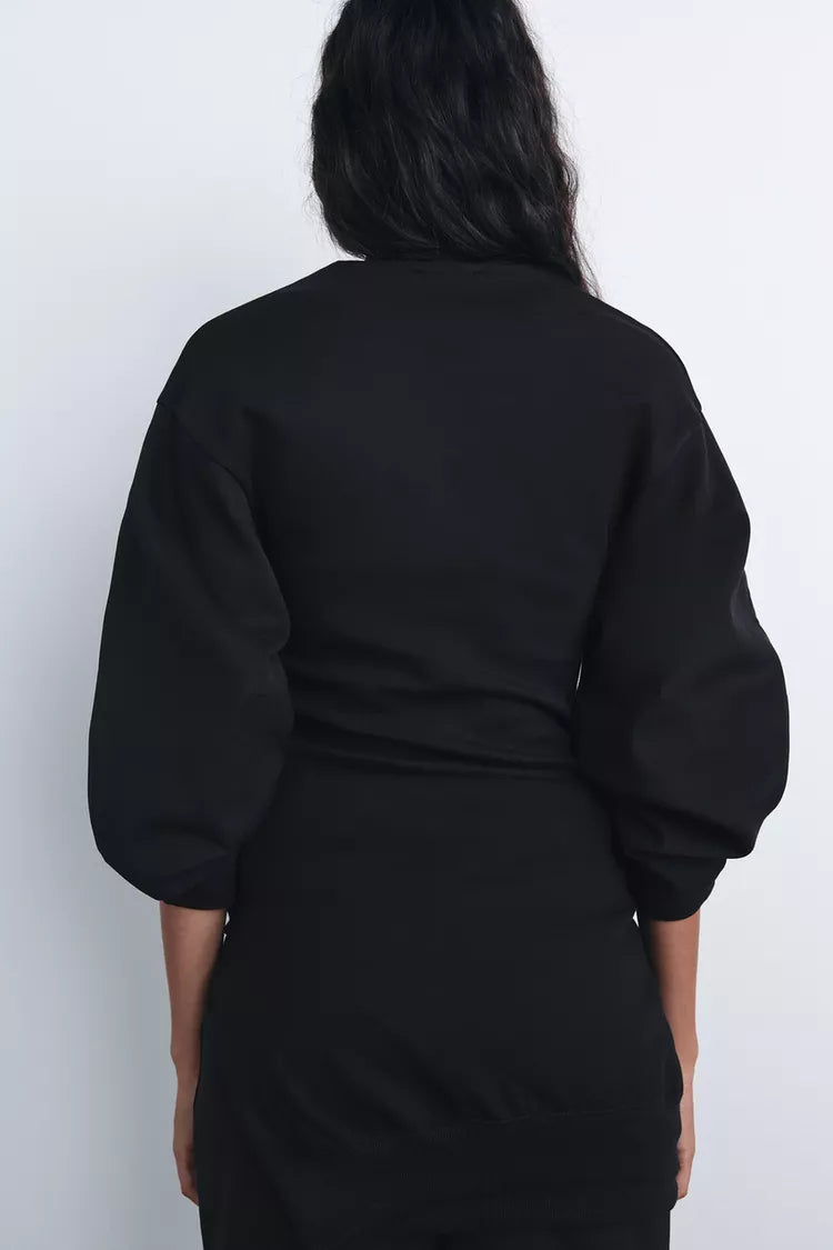 Sorvienne Relaxed Balloon Sleeve Wide Leg Lounge Set in Black