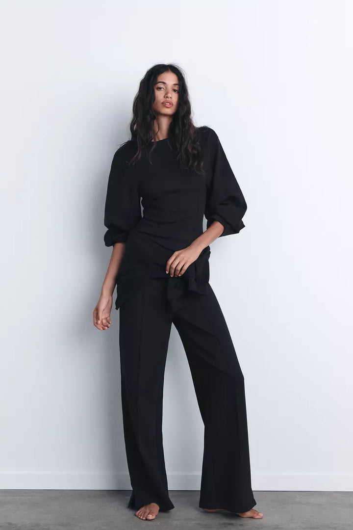 Sorvienne Relaxed Balloon Sleeve Wide Leg Lounge Set in Black