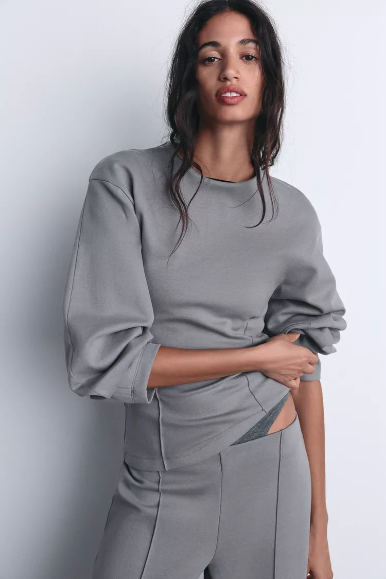 Sorvienne Relaxed Balloon Sleeve Wide Leg Lounge Set in Grey