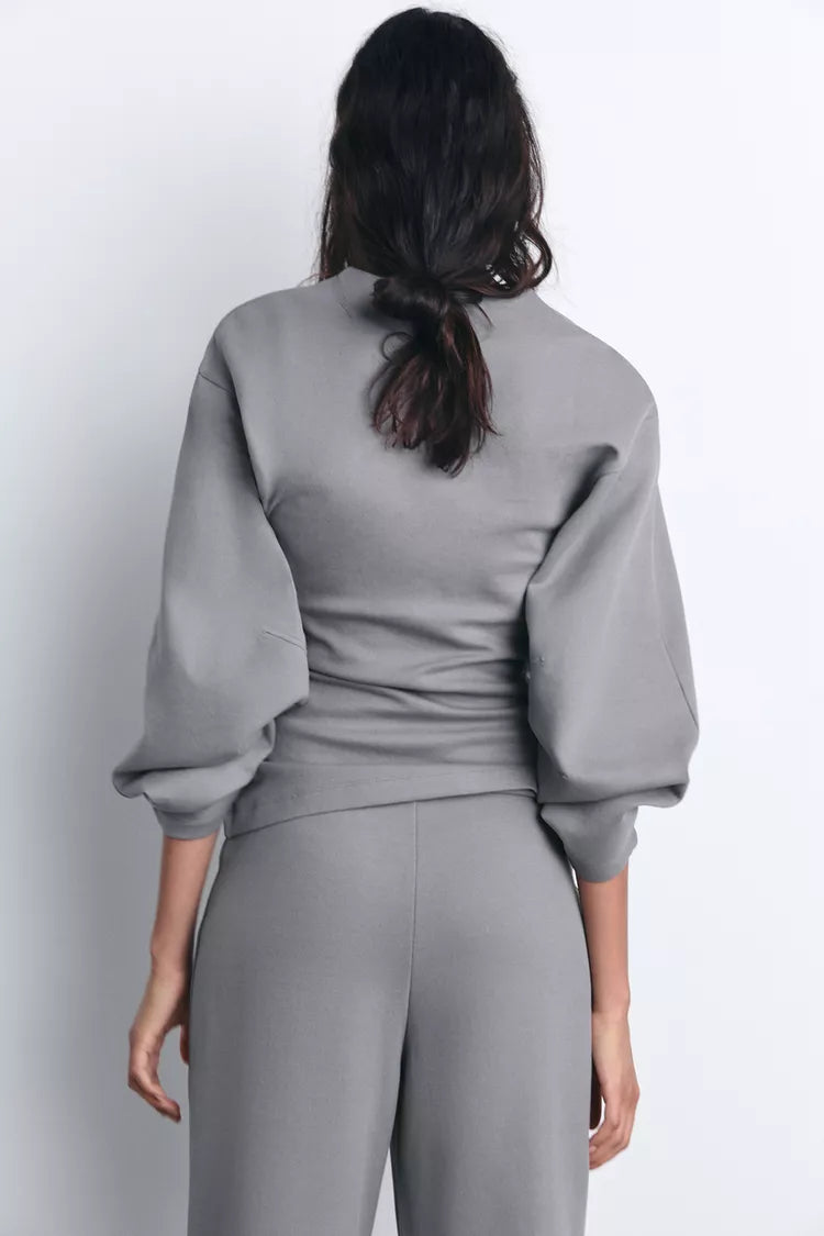 Sorvienne Relaxed Balloon Sleeve Wide Leg Lounge Set in Grey