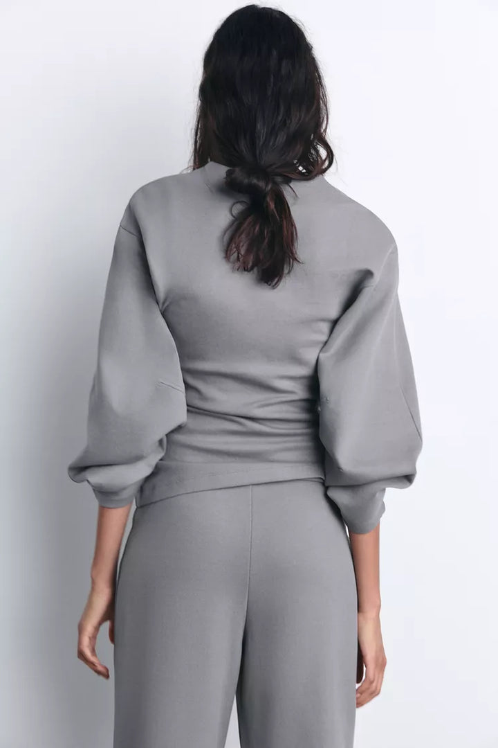 Sorvienne Relaxed Balloon Sleeve Wide Leg Lounge Set in Grey