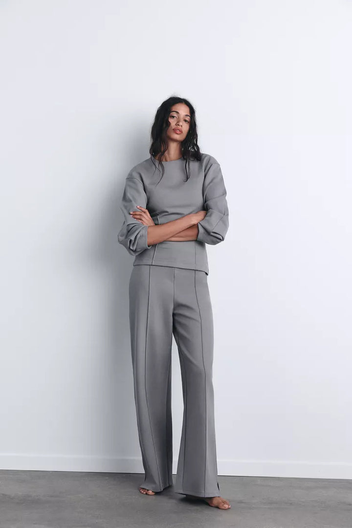 Sorvienne Relaxed Balloon Sleeve Wide Leg Lounge Set in Grey