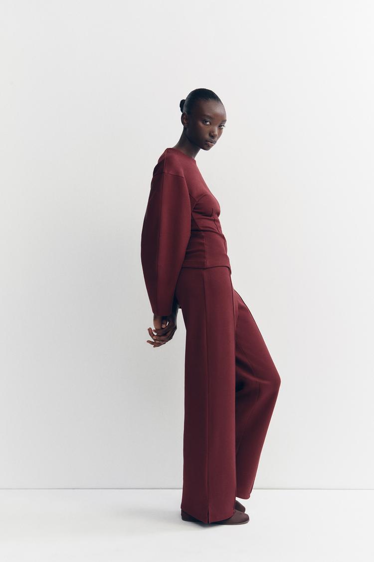 Sorvienne Relaxed Balloon Sleeve Wide Leg Lounge Set in Burgundy