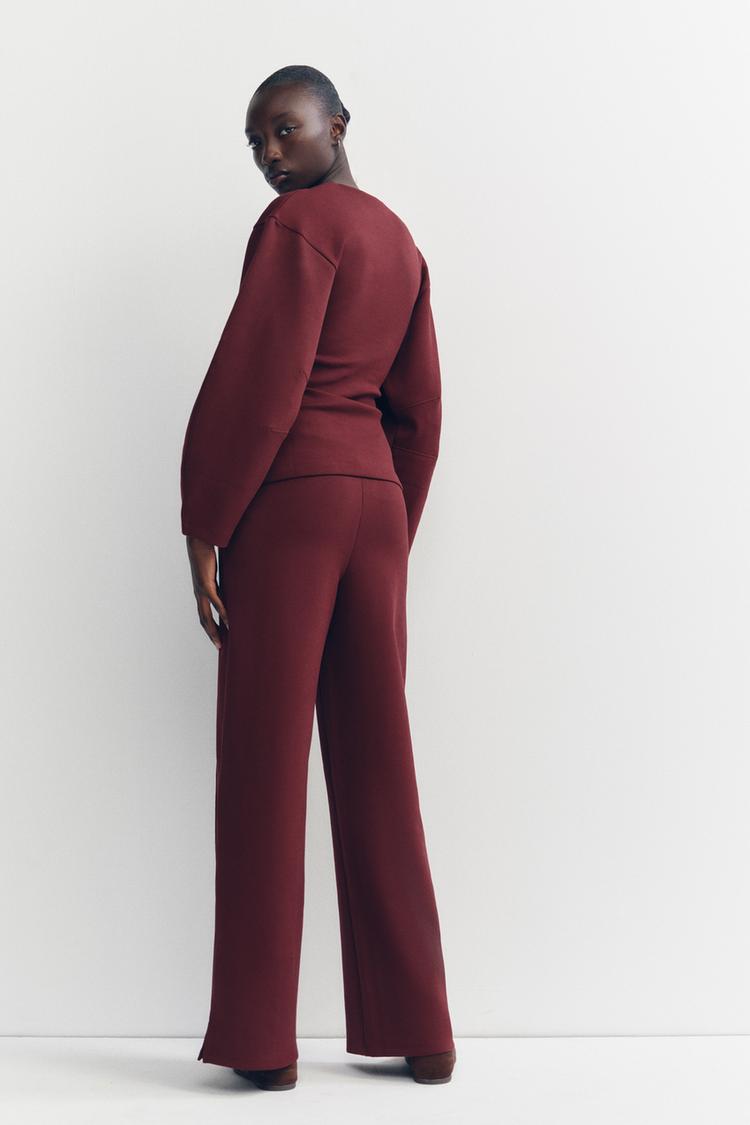 Sorvienne Relaxed Balloon Sleeve Wide Leg Lounge Set in Burgundy