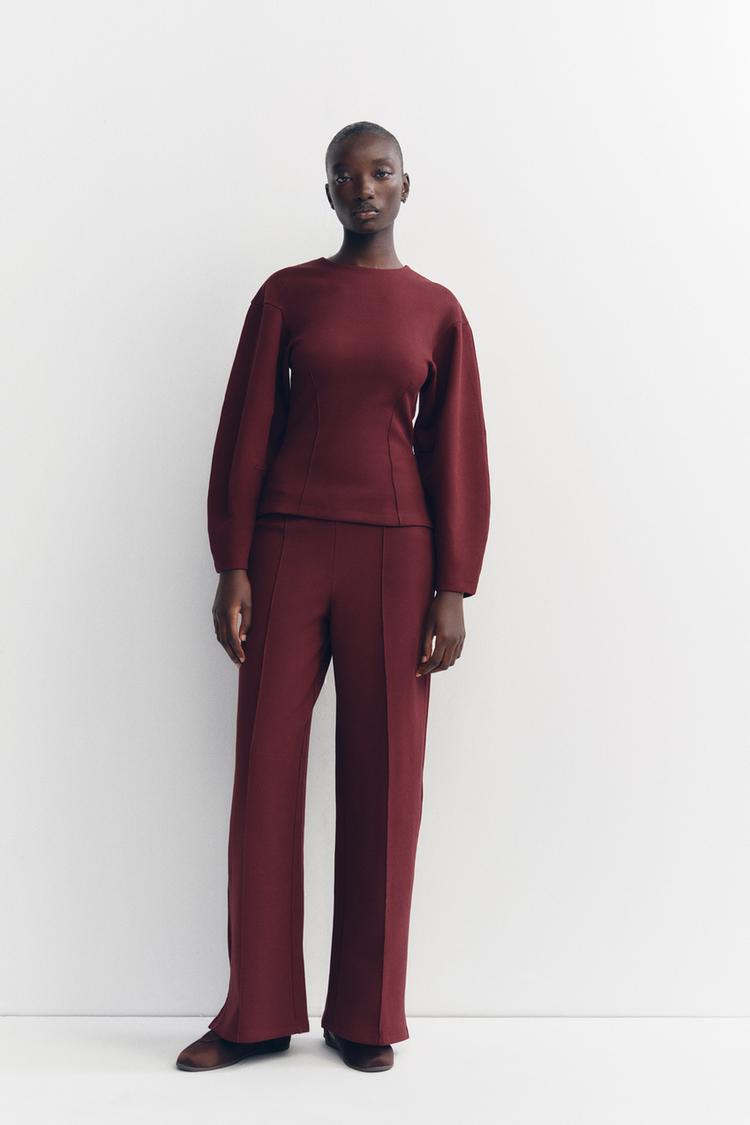 Sorvienne Relaxed Balloon Sleeve Wide Leg Lounge Set in Burgundy
