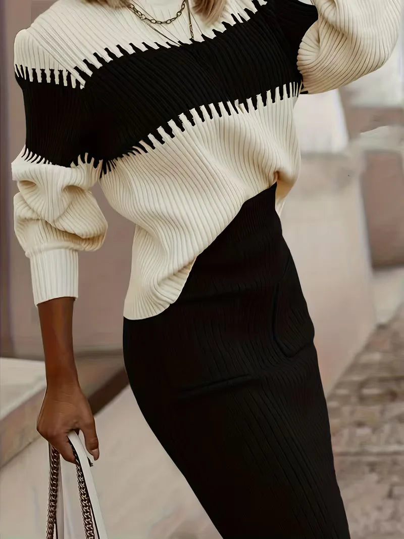 Sorvienne Relaxed Colour Block Knit Skirt Set in Black
