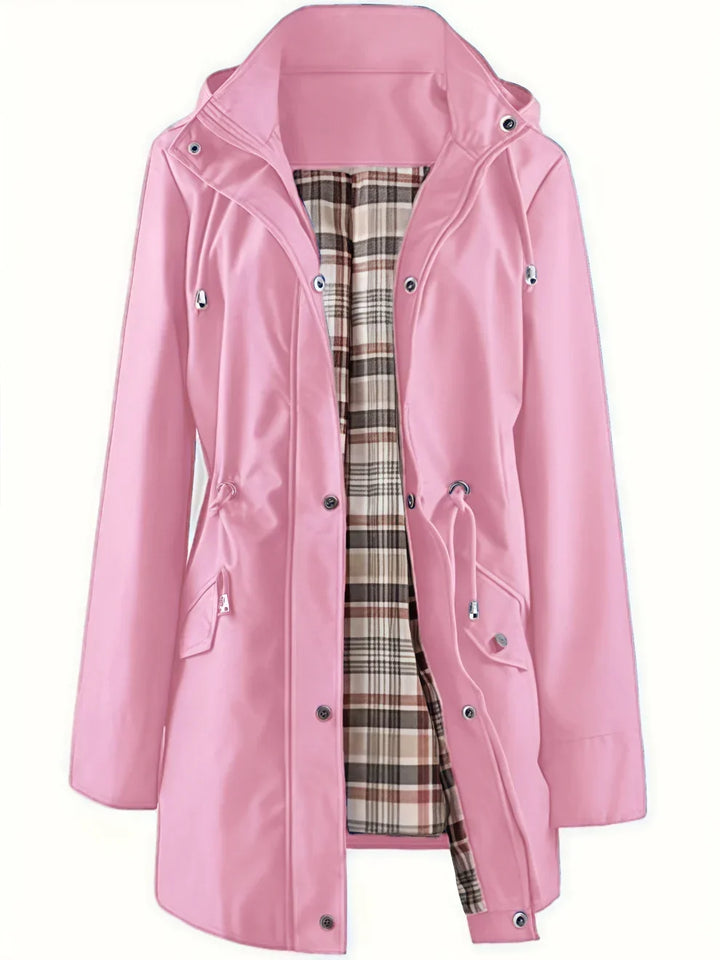 Sorvienne Drawstring Waist Hooded Raincoat in Pink