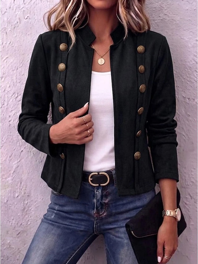 Sorvienne Tailored Faux Suede Military Jacket in Black