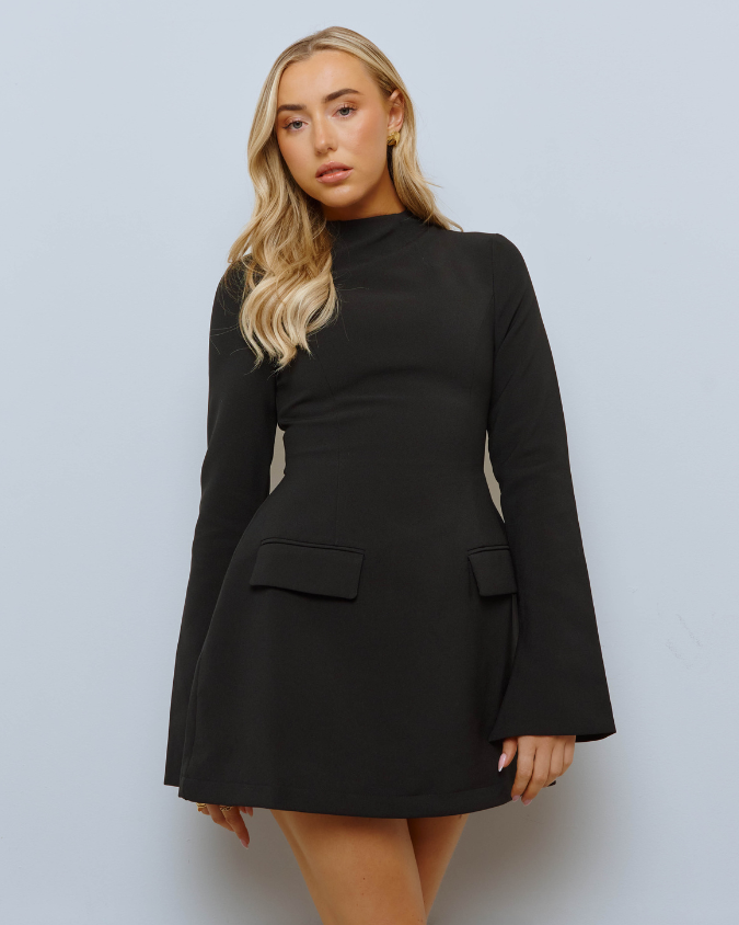 Sorvienne Tailored Flared Long Sleeve Mini Dress in Black