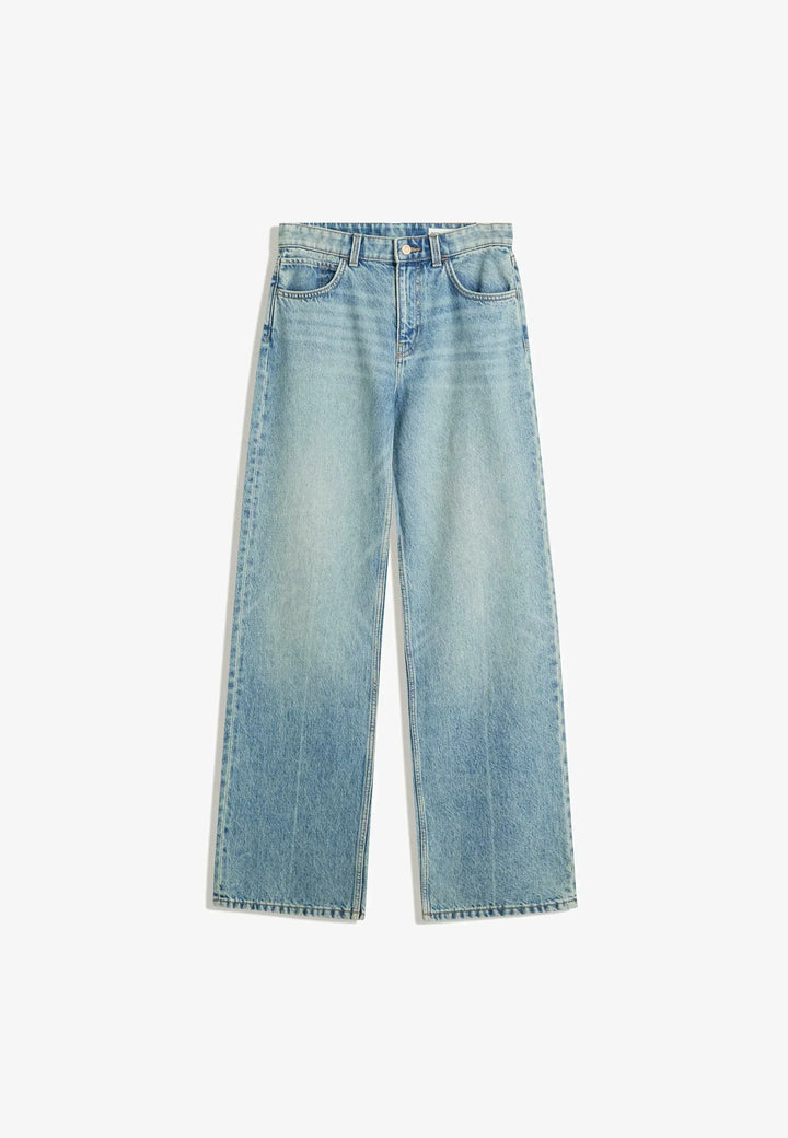 Sorvienne Relaxed High Waisted Wide Leg Jeans in Light Blue
