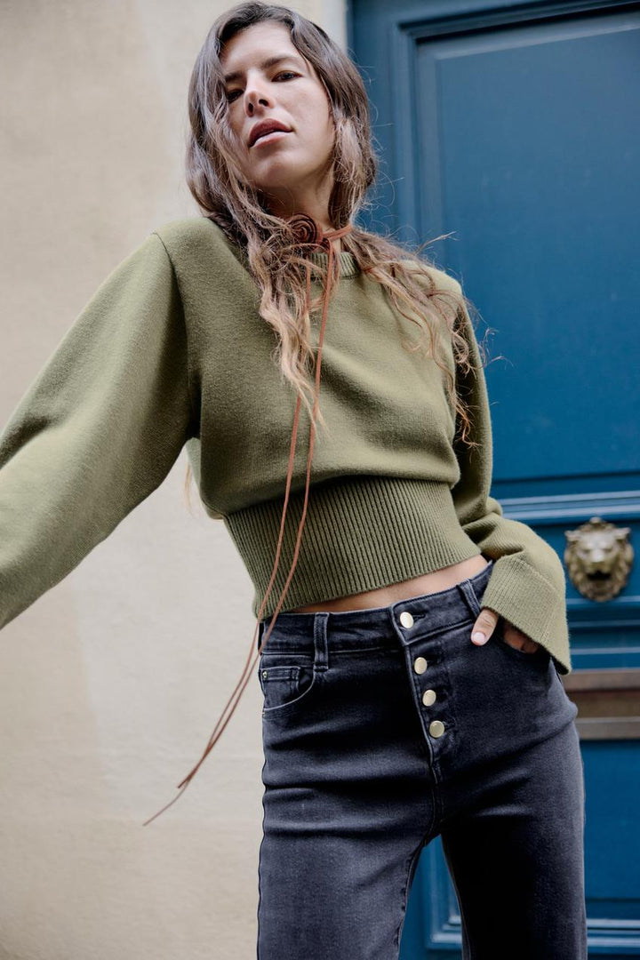Sorvienne Wide Sleeve Cropped Jumper in Olive