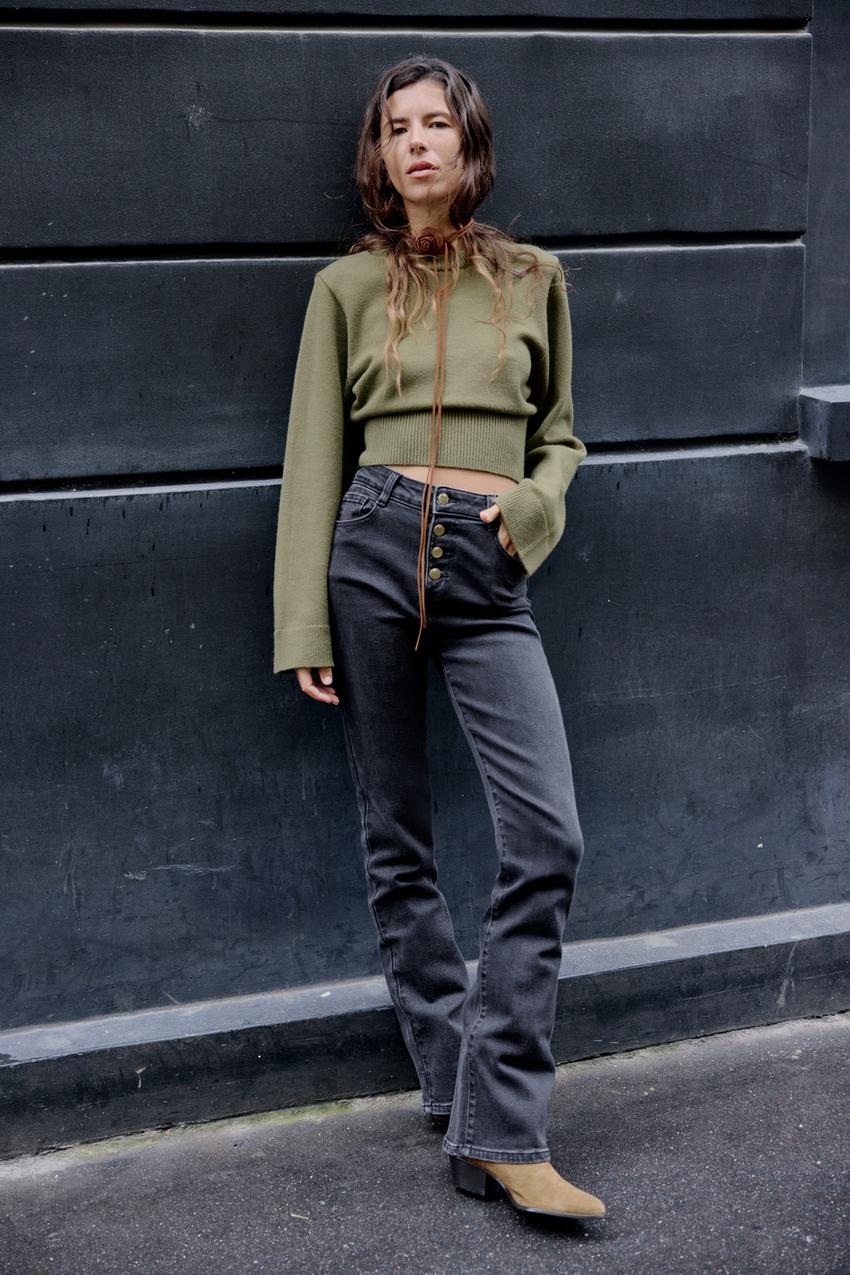 Sorvienne Wide Sleeve Cropped Jumper in Olive