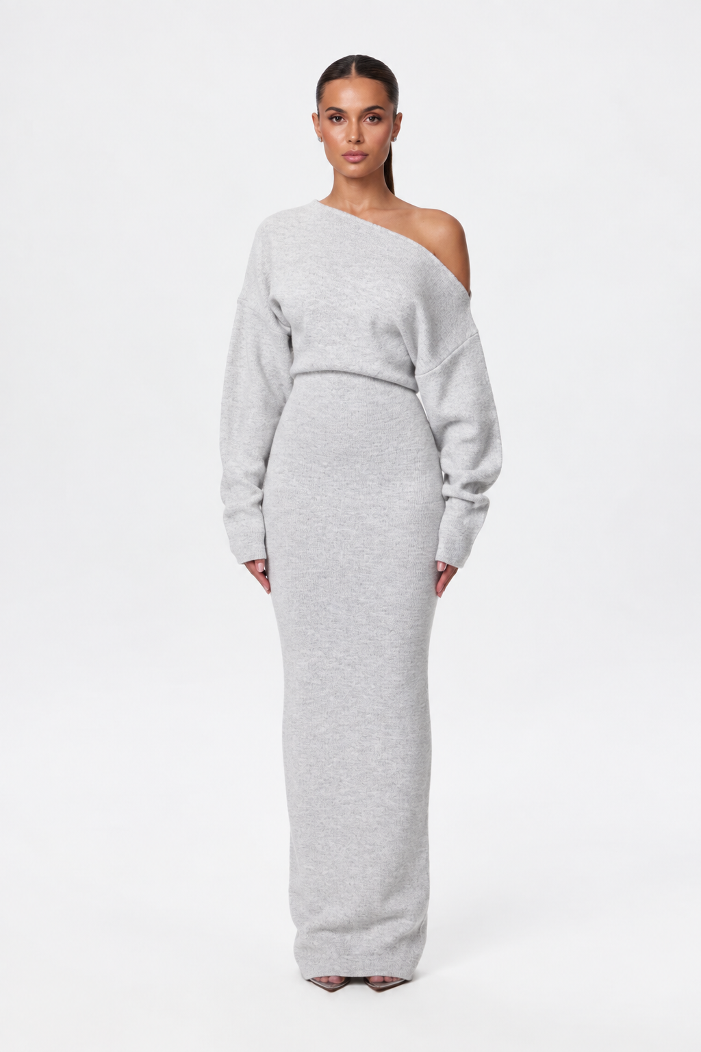 Sorvienne Slim Asymmetric Off Shoulder Knit Dress in Light Grey