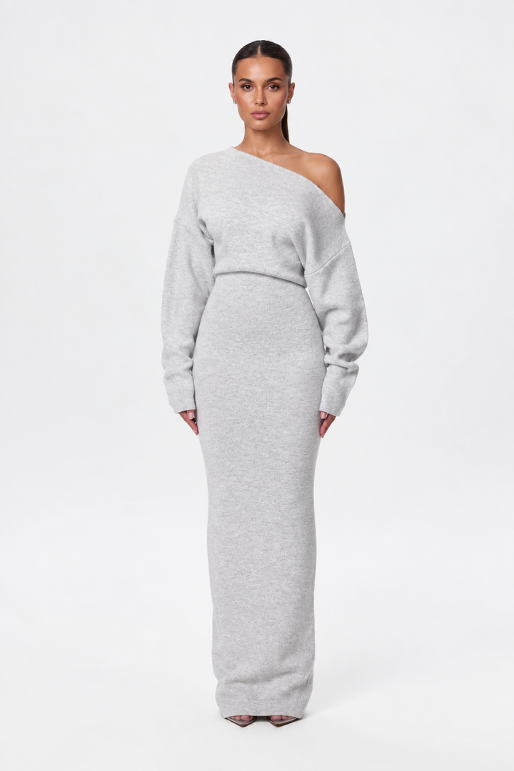 Sorvienne Slim Asymmetric Off Shoulder Knit Dress in Light Grey
