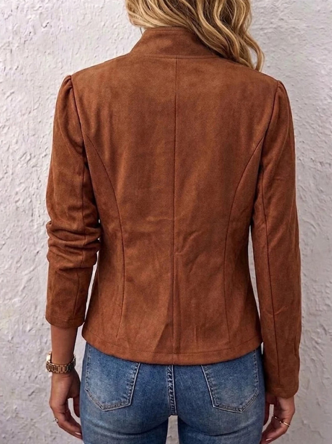 Sorvienne Tailored Faux Suede Military Jacket in Tan