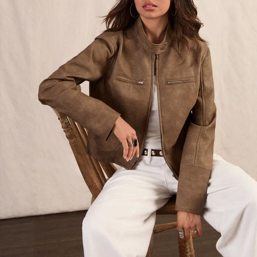 Sorvienne Relaxed Cropped Washed Faux Leather Jacket