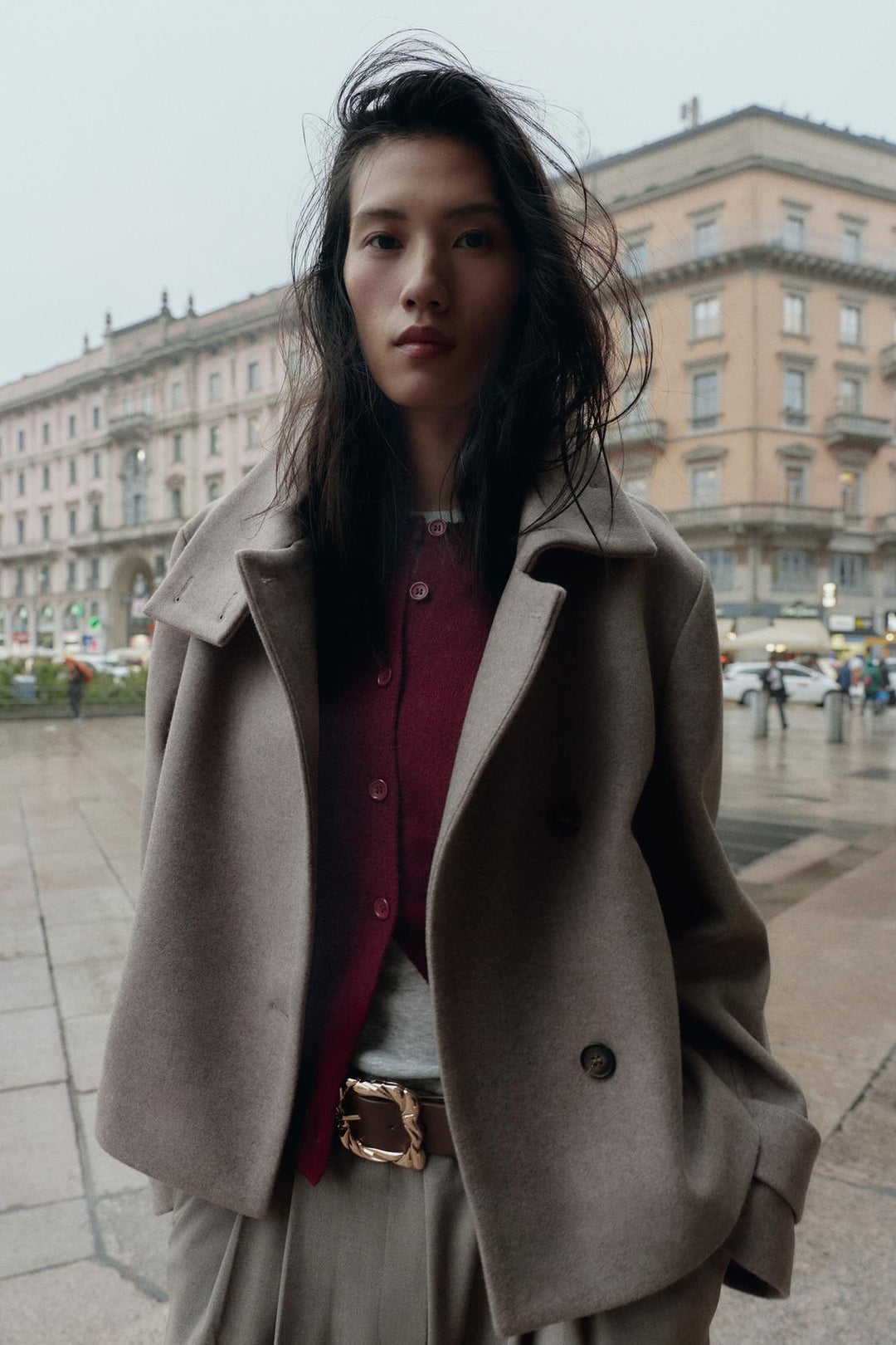 Sorvienne Tailored Cropped Funnel Neck Coat