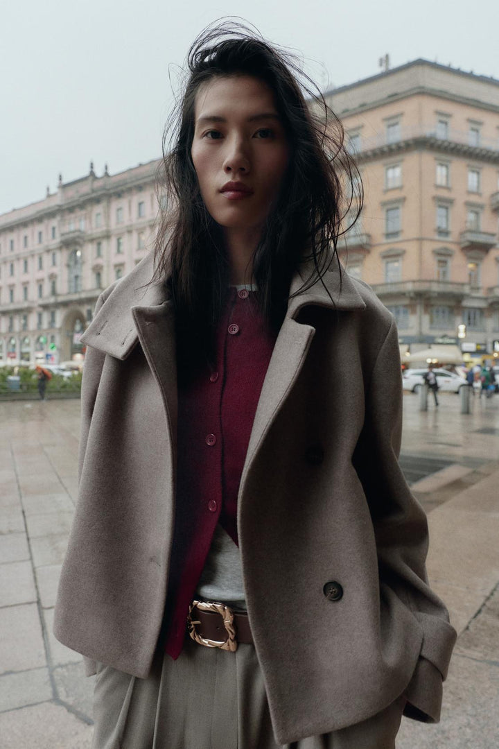 Sorvienne Tailored Cropped Funnel Neck Coat