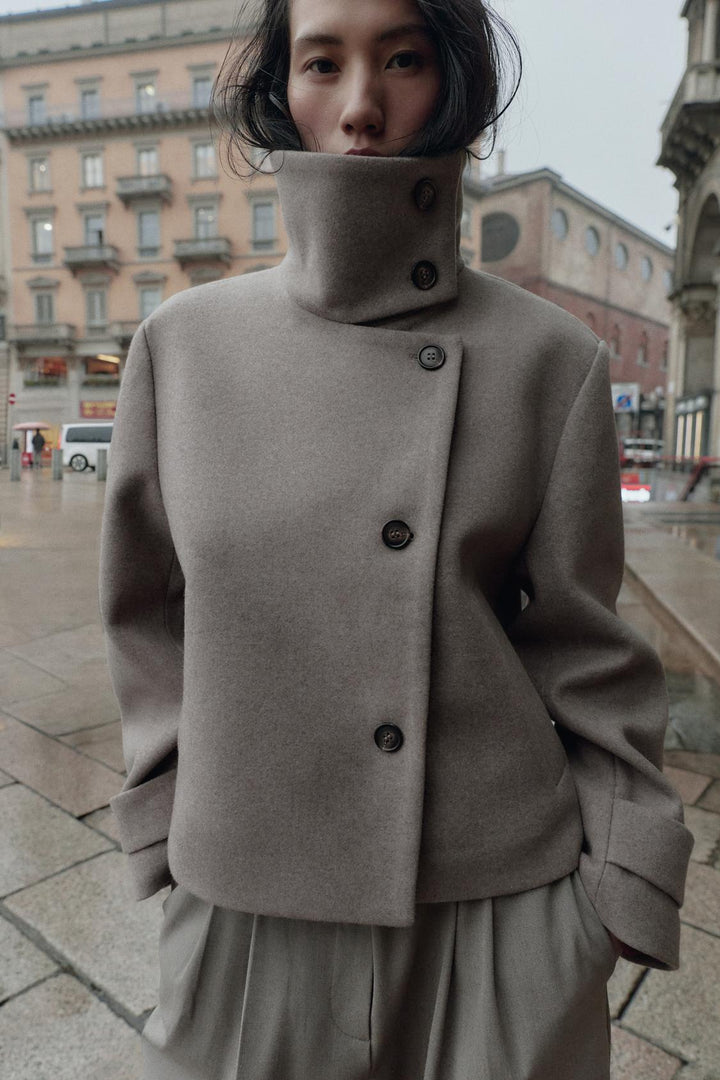 Sorvienne Tailored Cropped Funnel Neck Coat