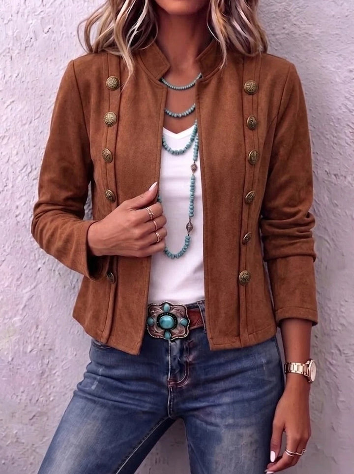 Sorvienne Tailored Faux Suede Military Jacket in Tan