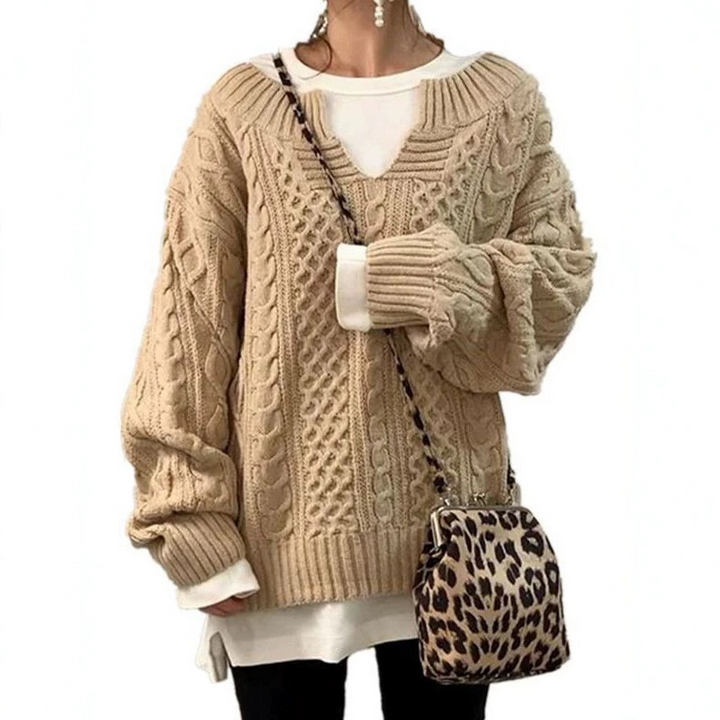 Sorvienne Oversized Notch Neck Cable Knit Jumper in Camel