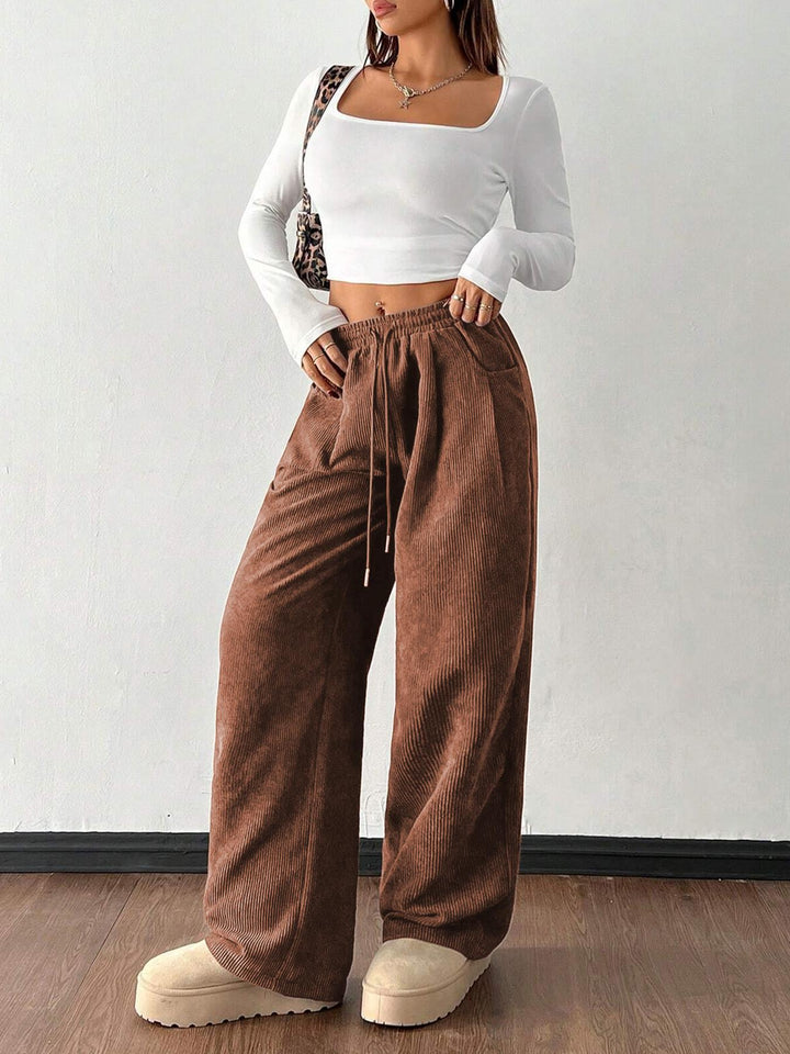 Sorvienne Relaxed Drawstring Wide Leg Cord Trousers in Brown