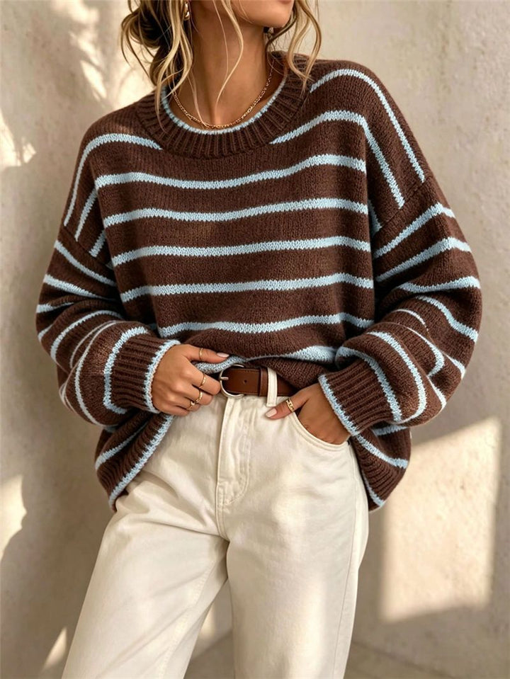 Sorvienne Relaxed Crew Neck Striped Jumper in Brown Stripe