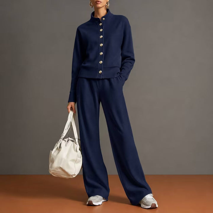 Sorvienne Relaxed Button Front Knitted Co Ord Set in Navy