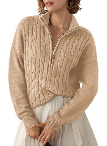 Sorvienne Relaxed Cable Knit Quarter Zip Jumper in Beige
