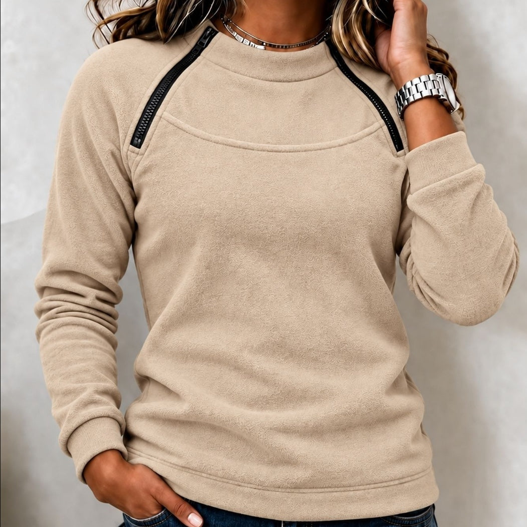 Sorvienne Relaxed Zip Detail Raglan Sweatshirt in Beige