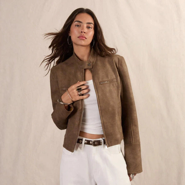 Sorvienne Relaxed Cropped Washed Faux Leather Jacket