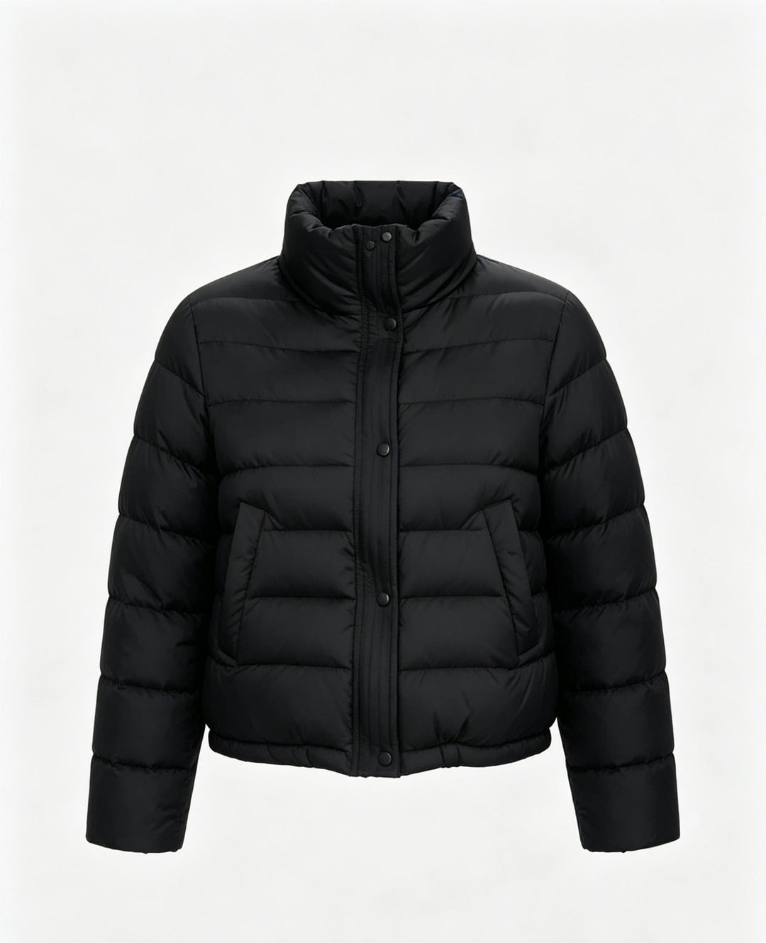 Sorvienne Relaxed Funnel Neck Cropped Puffer Jacket in Black