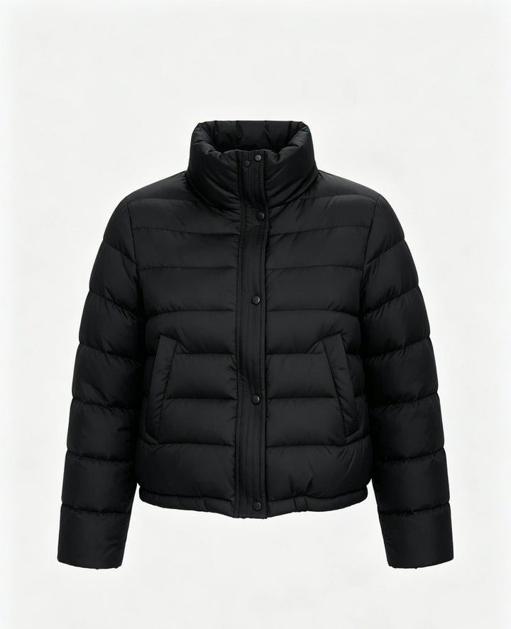 Sorvienne Relaxed Funnel Neck Cropped Puffer Jacket in Black
