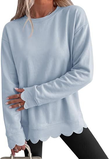 Sorvienne Relaxed Scallop Hem Crew Neck Sweatshirt in Light Blue