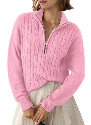 Sorvienne Relaxed Cable Knit Quarter Zip Jumper in Pink