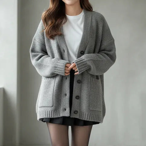 Sorvienne Relaxed Ribbed Boyfriend Cardigan in Grey
