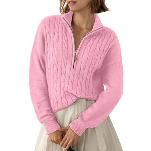 Sorvienne Relaxed Cable Knit Quarter Zip Jumper in Pink